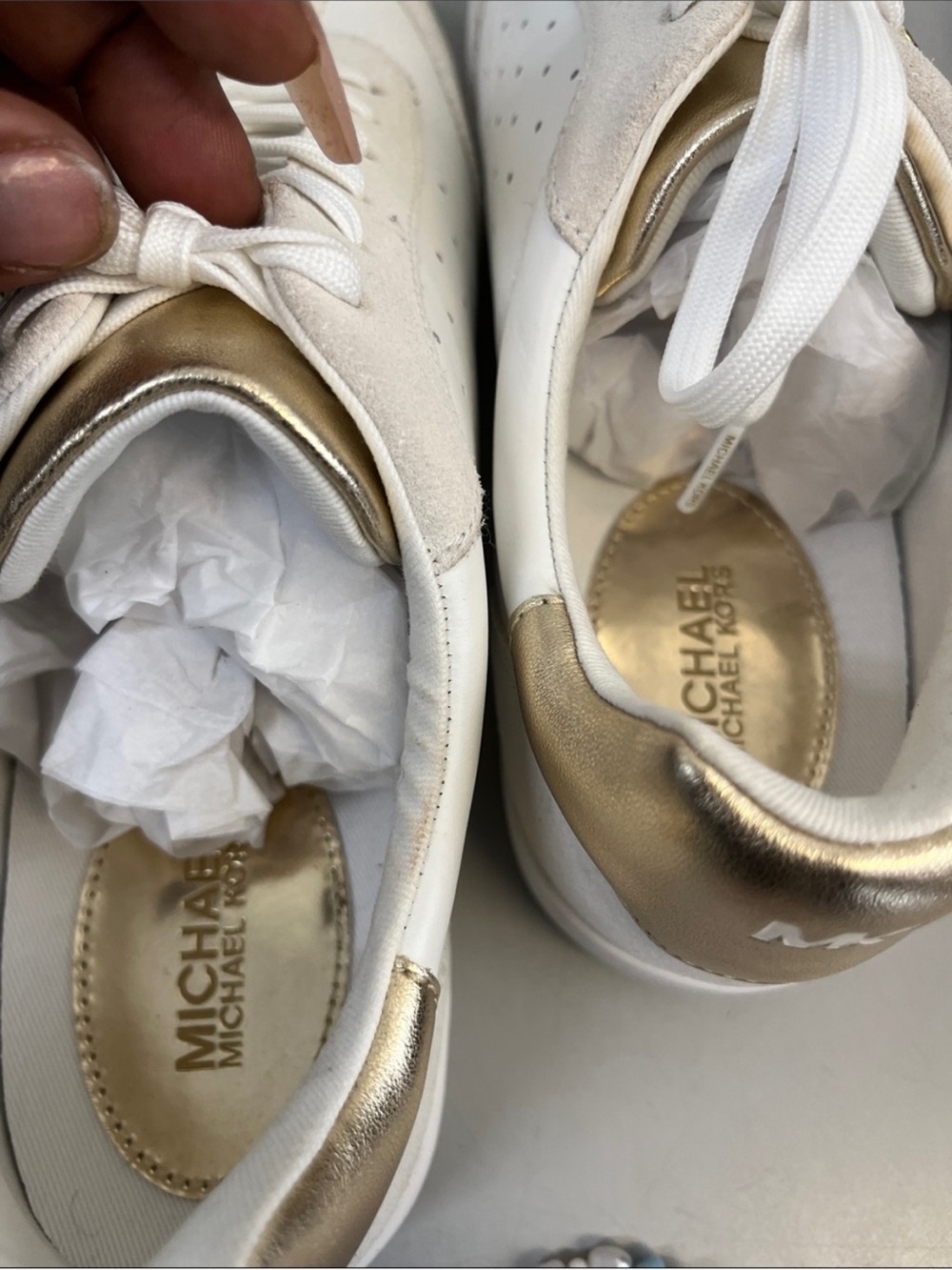 Michael Kors White Sneakers with Gold Heel Accent - Picture 6 of 7